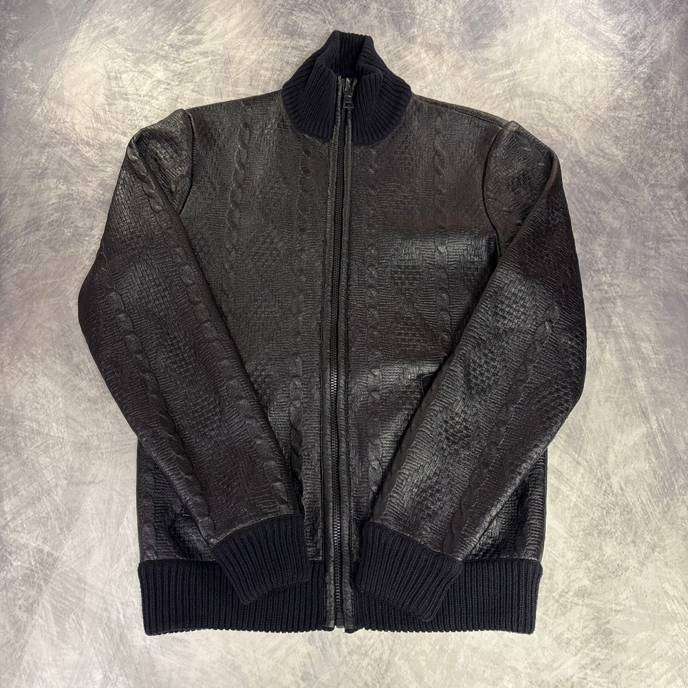 GUESS Zip Sweater Men XS Black Coated Cable Knit Stand Collar